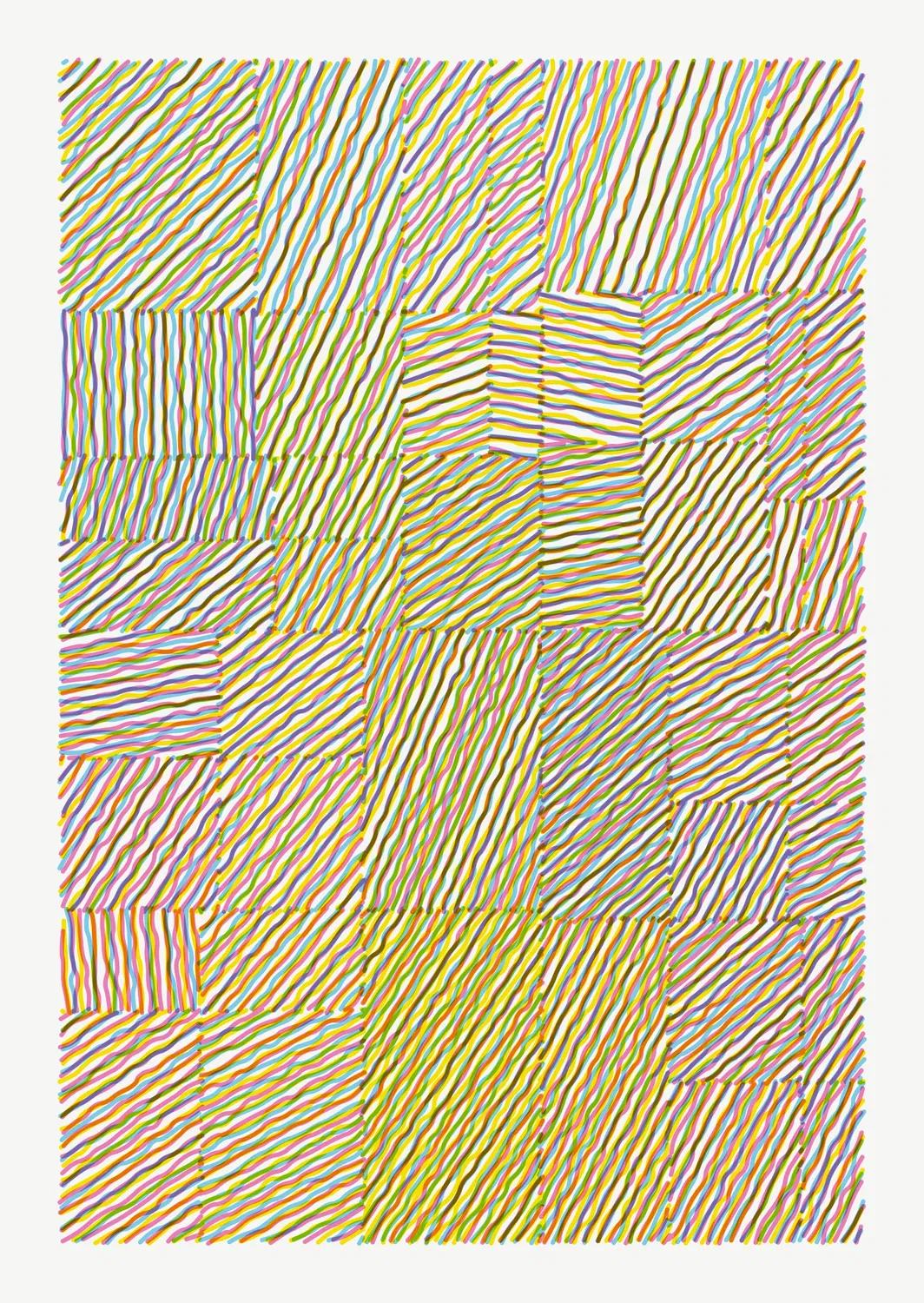 A6 portrait canvas divided into rectangles of different sizes. Each rectangle is filled with wiggly lines in three colours (cyan, magenta and yellow), with a different angle and spacing per rectangle. New colours emerge because of the blend between the three colour components.