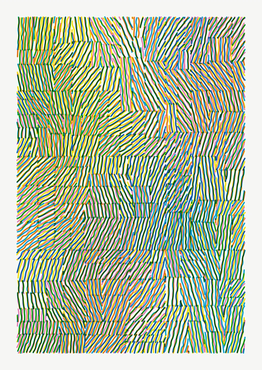 A6 portrait canvas divided into rectangles of different sizes. Each rectangle is filled with wiggly lines in three colours (cyan, magenta and yellow), with a different angle and spacing per rectangle. New colours emerge because of the blend between the three colour components.