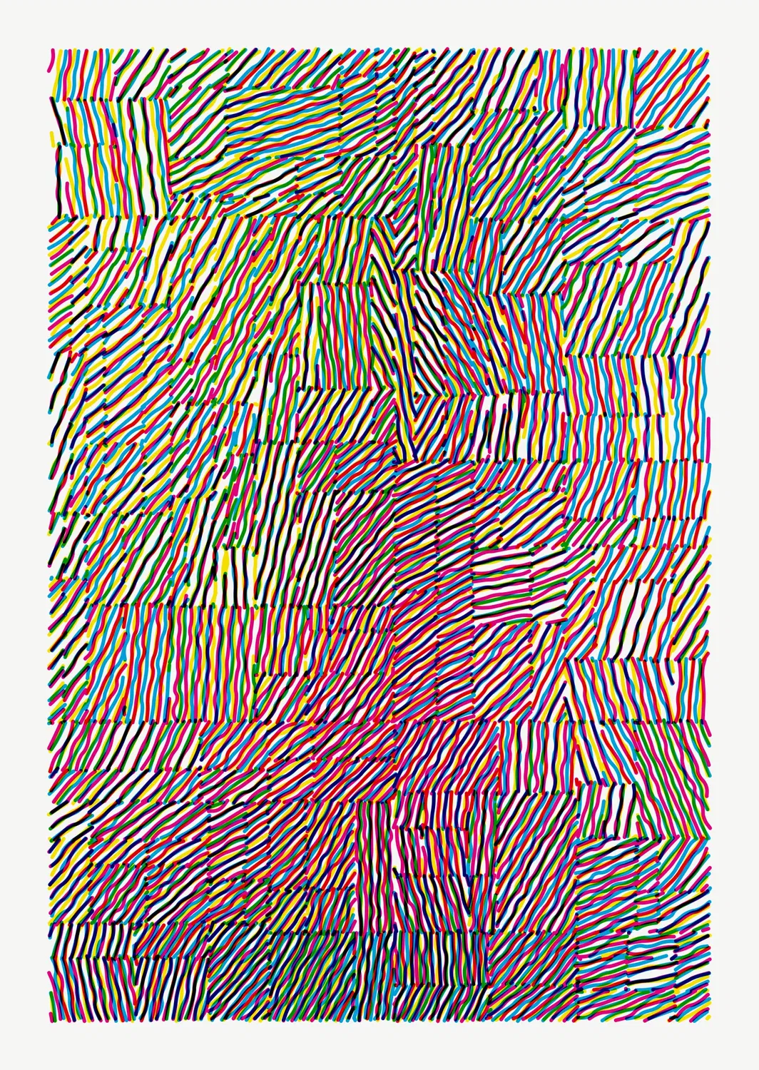A6 portrait canvas divided into rectangles of different sizes. Each rectangle is filled with wiggly lines in three colours (cyan, magenta and yellow), with a different angle and spacing per rectangle. New colours emerge because of the blend between the three colour components.