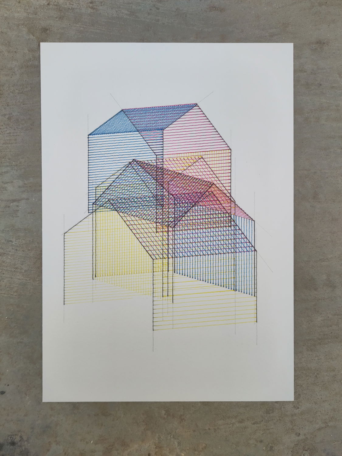 A geometric line drawing on cold-pressed cotton paper featuring overlapping three-dimensional house shapes in CMYK ink, created with fountain pens and pencil.