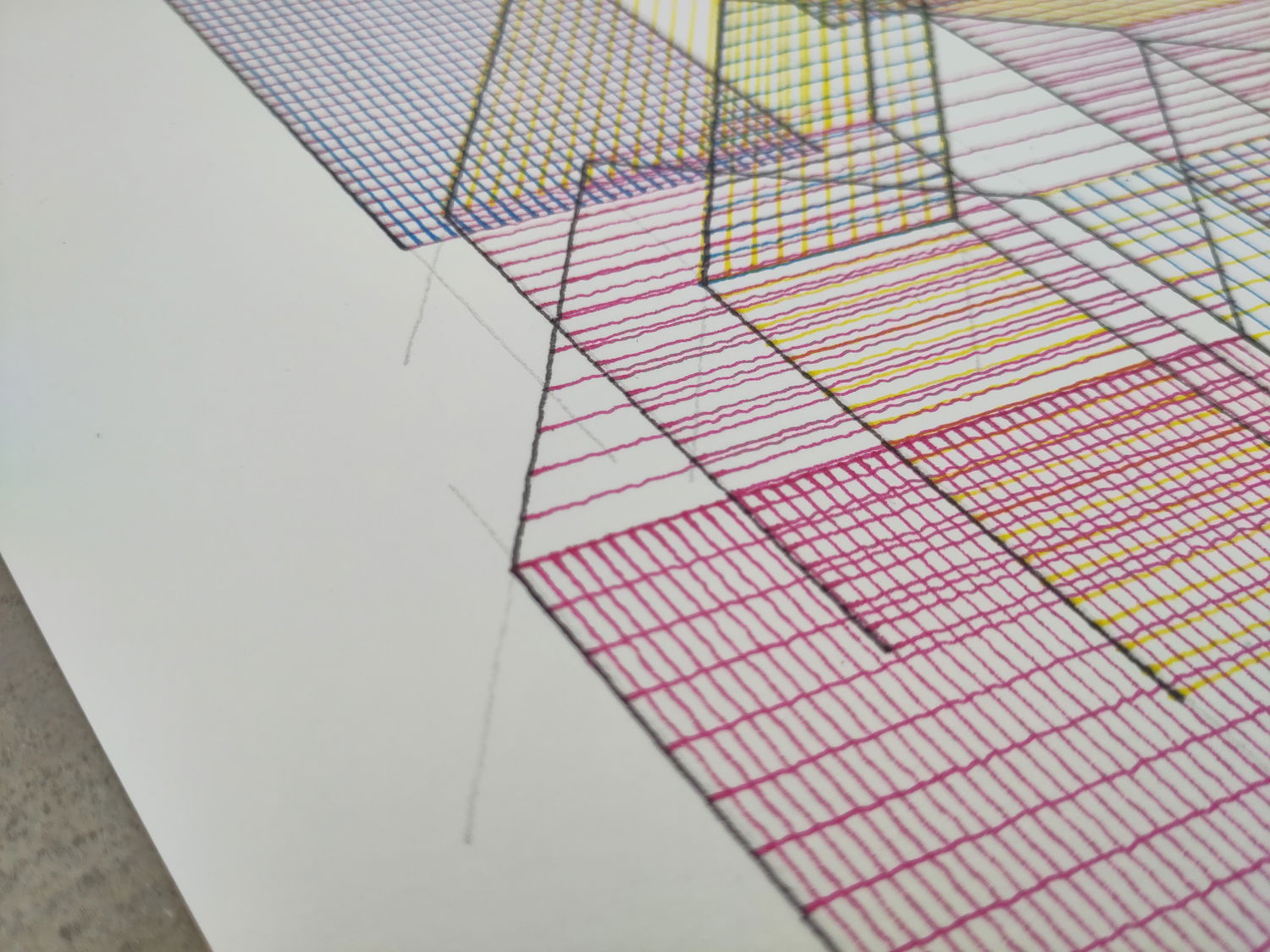Detail of a geometric line drawing on cold-pressed cotton paper featuring overlapping three-dimensional house shapes in CMYK ink, created with fountain pens and pencil.