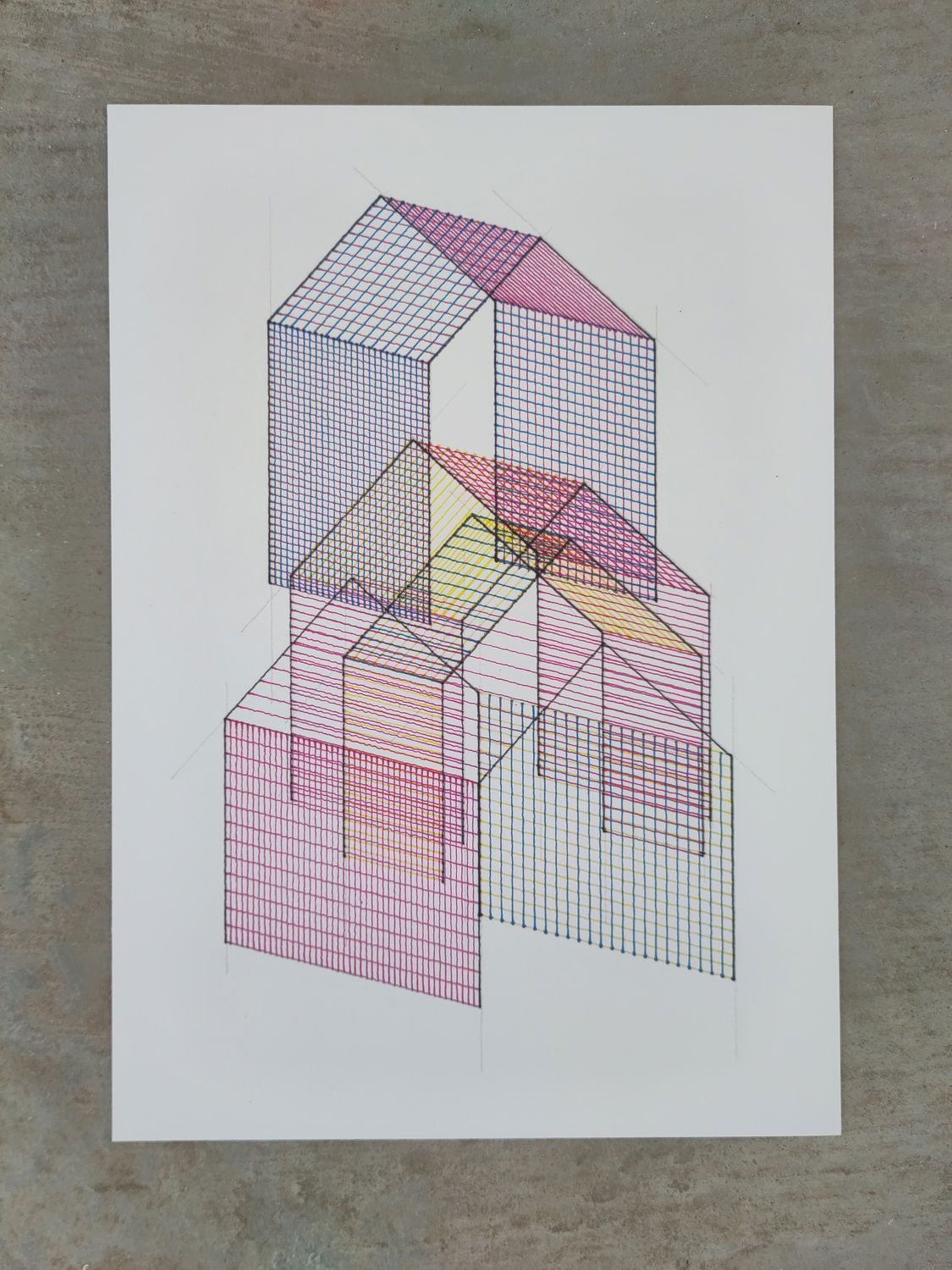 A geometric line drawing on cold-pressed cotton paper featuring overlapping three-dimensional house shapes in CMYK ink, created with fountain pens and pencil.