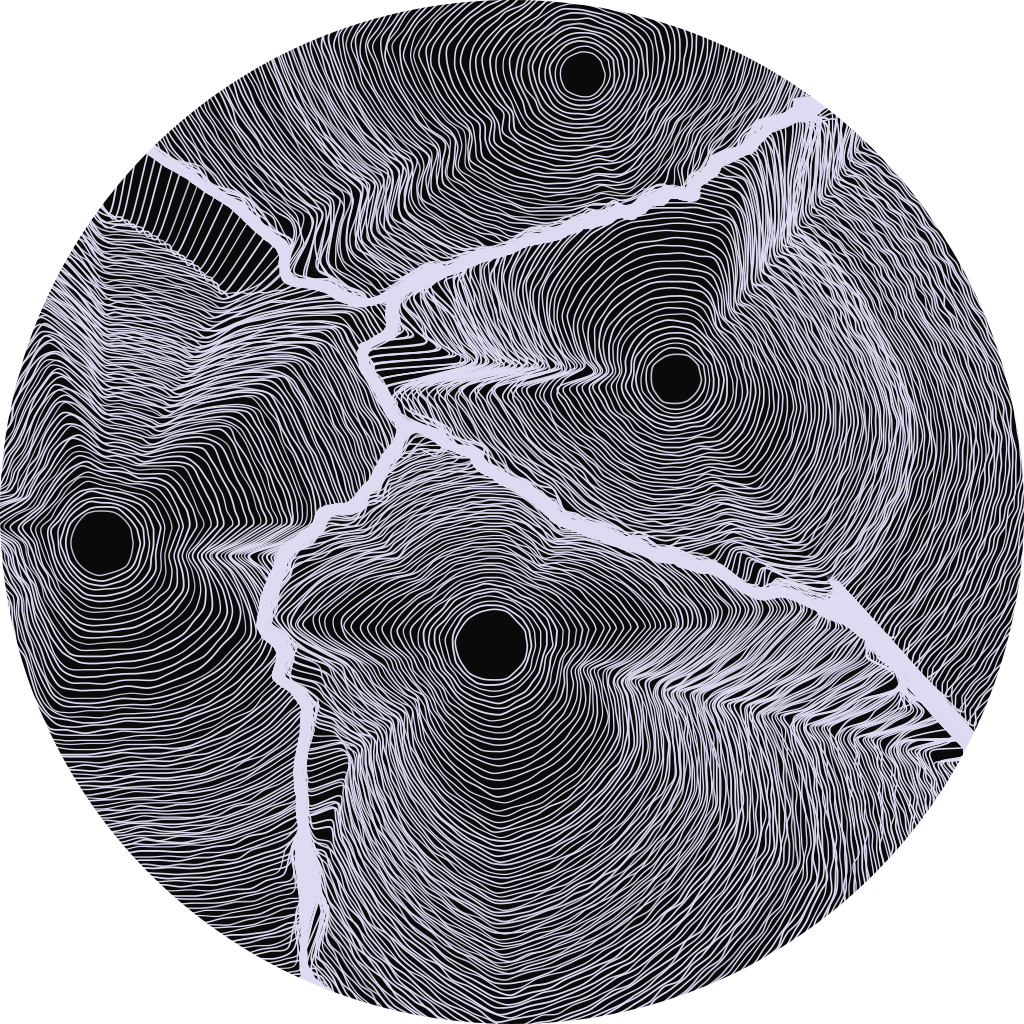 Dendror in lilac showing 4 concentric circular tree ring patterns with organic, flowing lines radiating from multiple center points against a dark background.