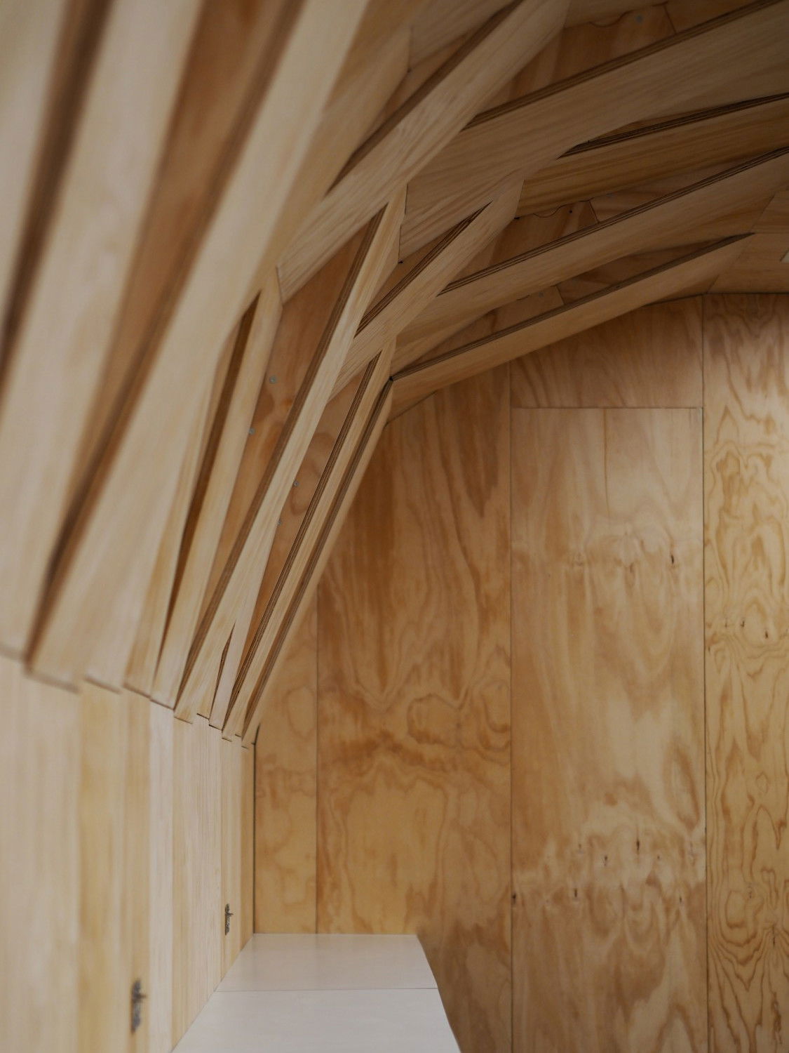 A view inside the QuadriVille space looking along the back wall where the wall blends into the ceiling with its randomly offset wooden panels.