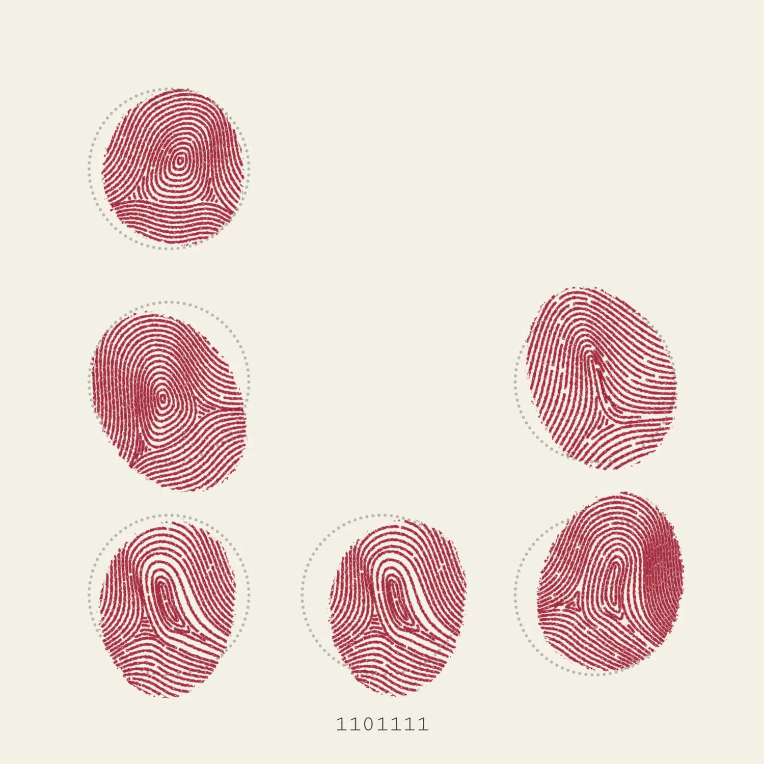 NFT with binary number 1101111, this one with six circular dotted outlines on the canvas, each filled with a nonchalantly placed, blood-red fingerprint.