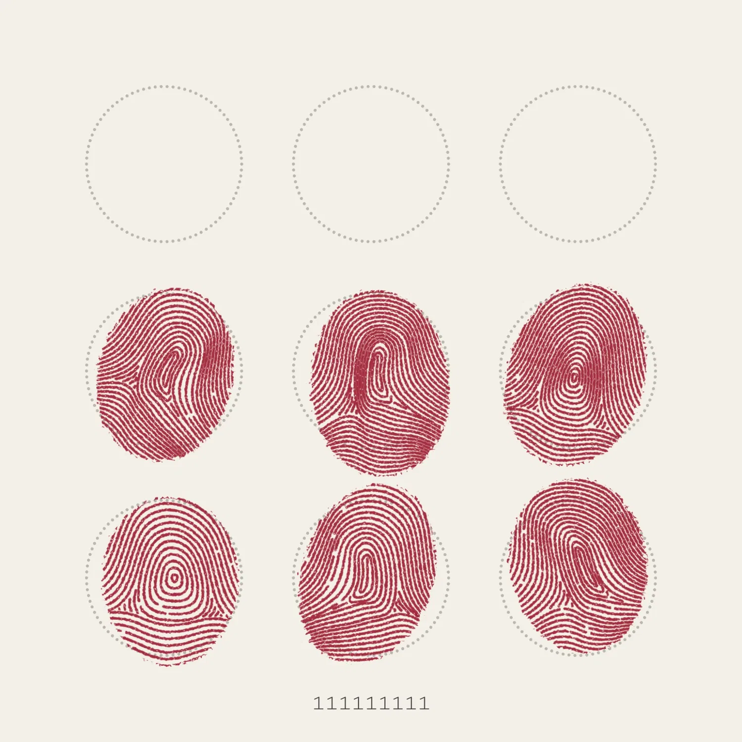 NFT with binary number 111111111, filled with nine circular dotted outlines on the canvas, six of them filled with a nonchalantly placed, blood-red fingerprint.
