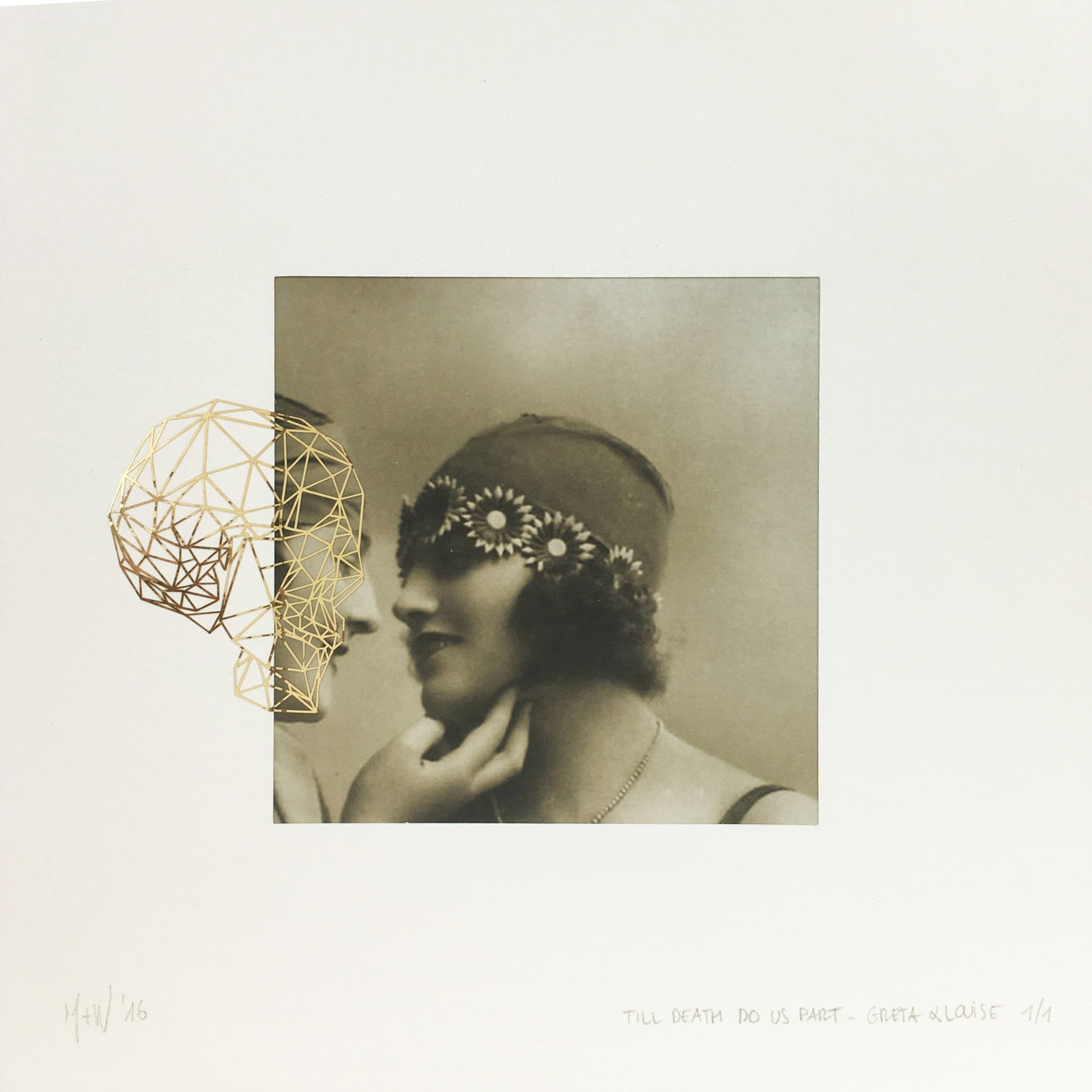 A portrait of Greta Louise almost kissing, with a golden skull overlay covering only one of their face.