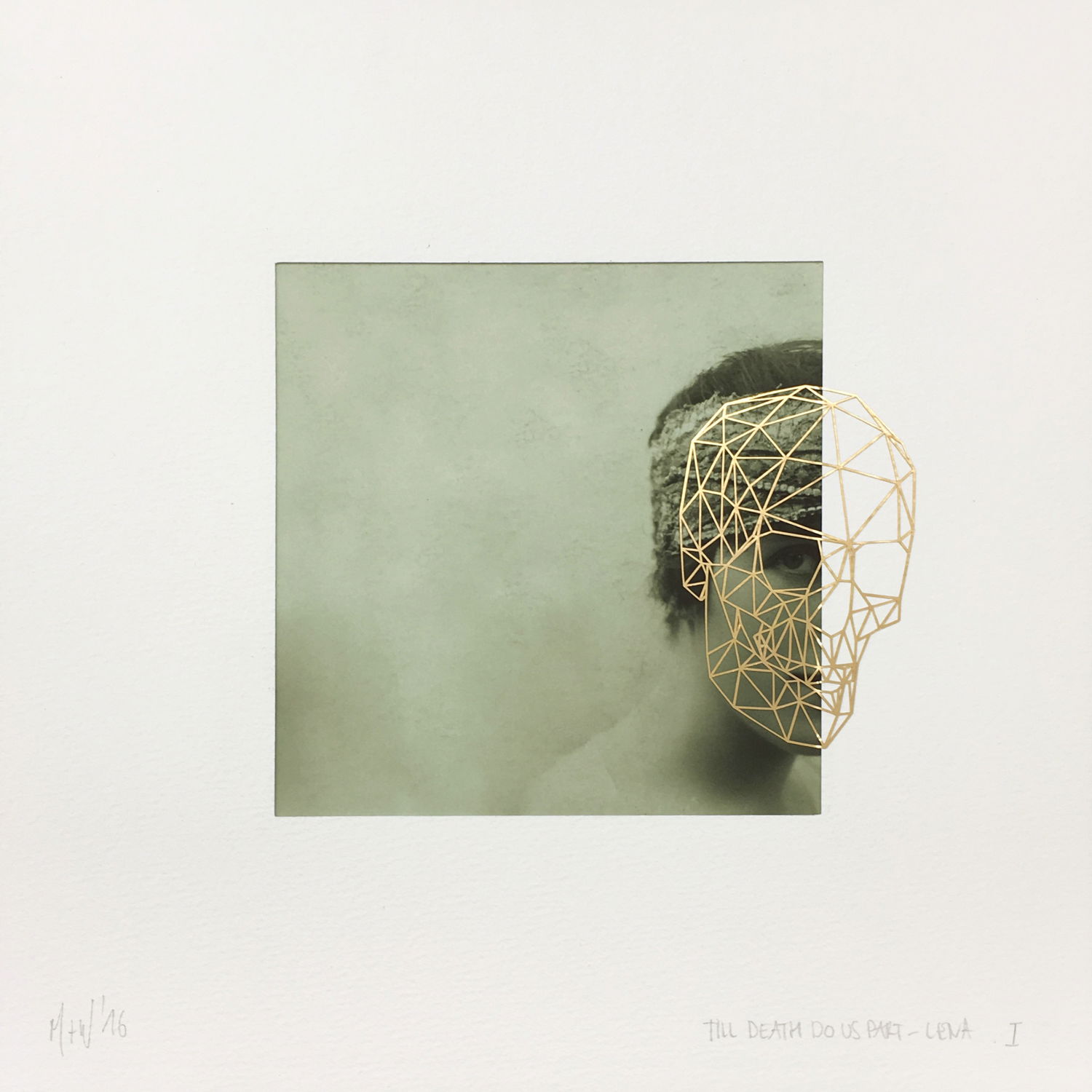 A portrait of Lena, presented in a vintage style with a golden skull overlay over her face that is half behind the passe-partout, where the skupp wireframe continues.