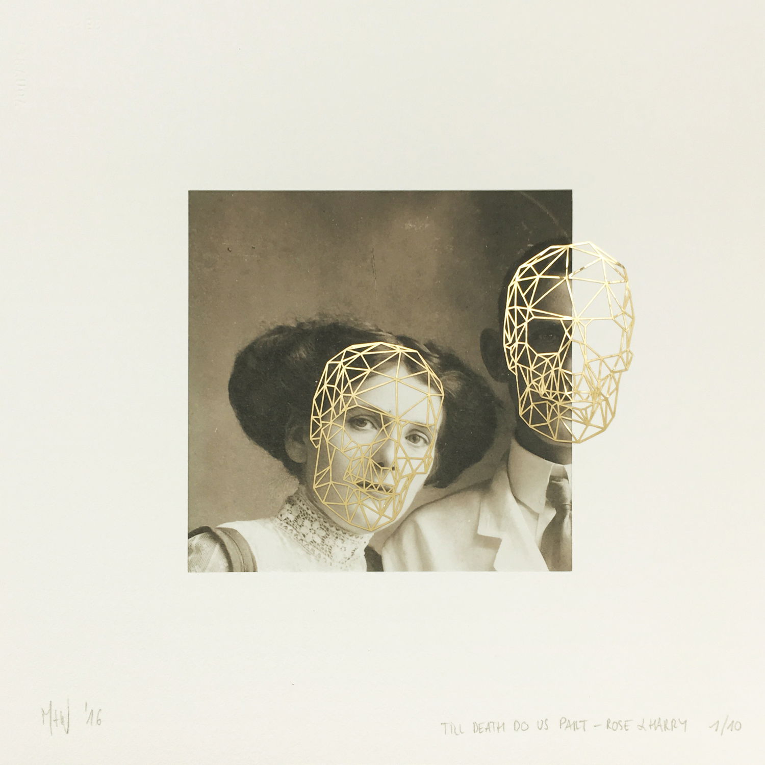 A vintage portrait of Harry and Rose, with a golden skull overlay on both their faces. they clearly are in love.