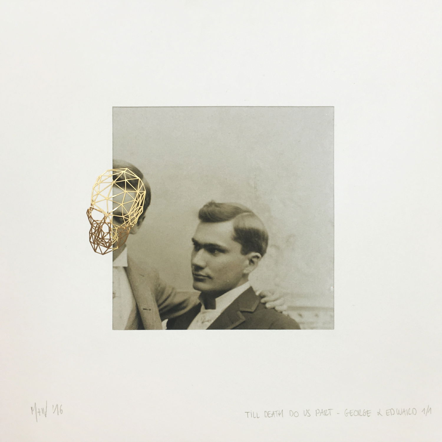 A vintage portrait of George Edward with a golden skull overlay only on one of the pair's faces, evoking a sense of loss.