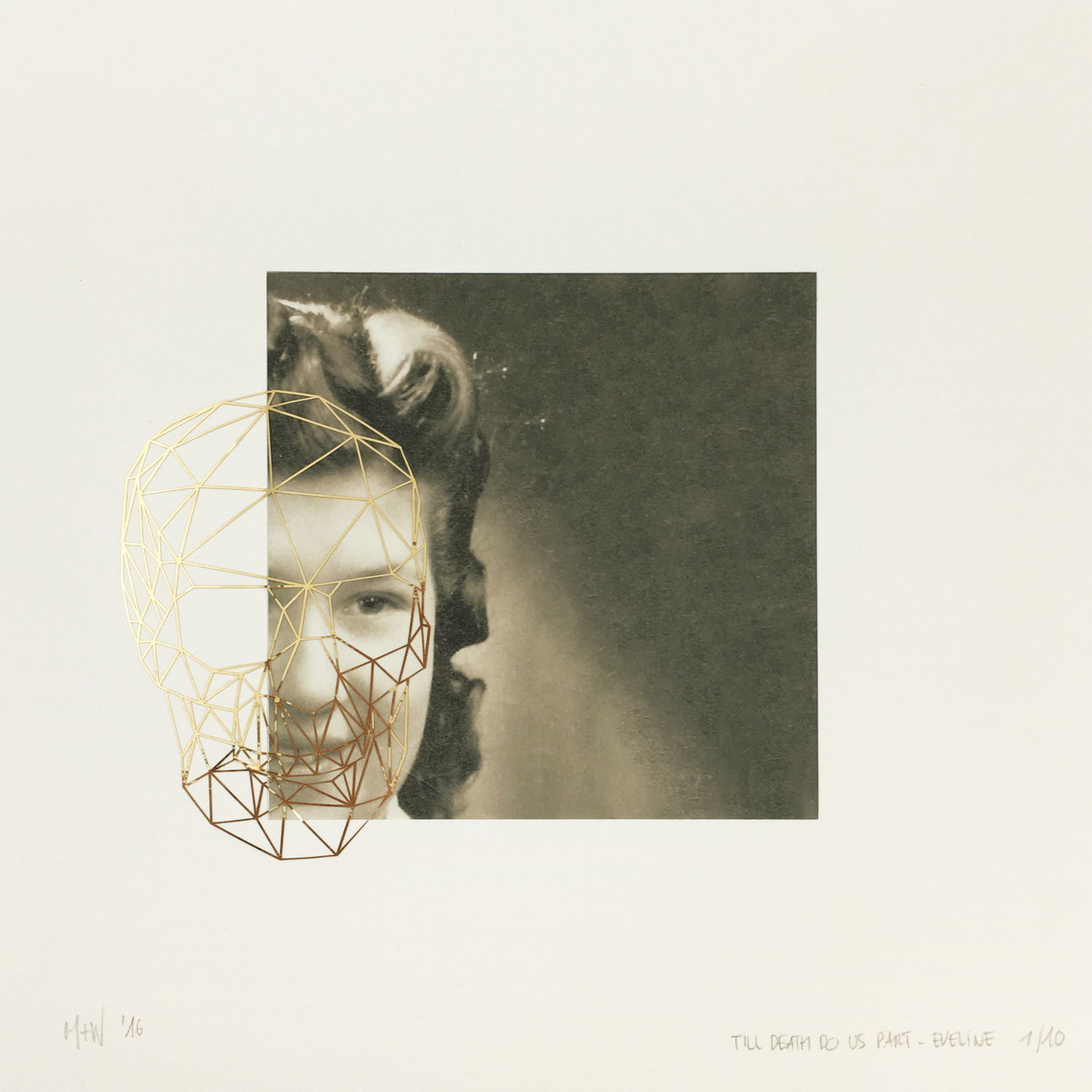 A vintage photograph of Eveline, framed with a golden skull wireframe.